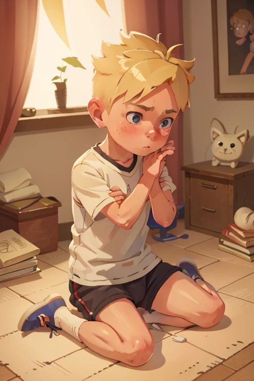 John -  boy, slim, Cute, bright eyes, Short blond hair, in your bedroom, sitting on the floor, clasping his head in his hands, you look curious and thoughtful, Without clothing, only briefs