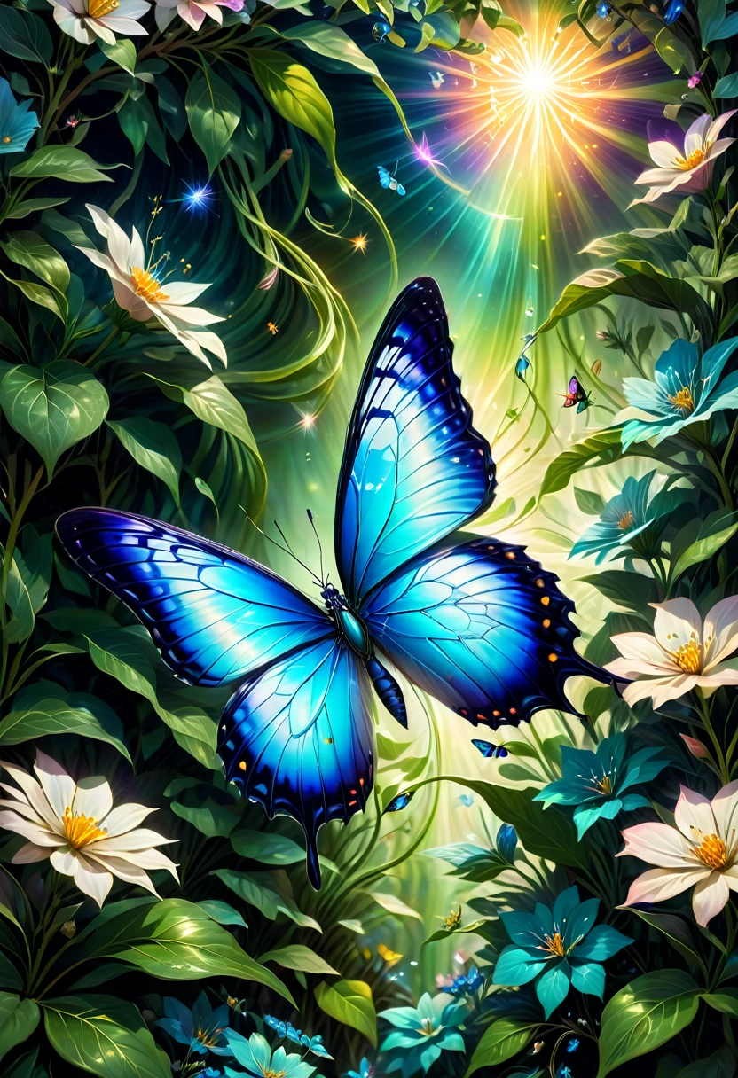 blue butterfly, aesthetic, (best quality,4k,8k,highres,masterpiece:1.2),ultra-detailed,(realistic,photorealistic,photo-realistic:1.37),colorful, vibrant, shimmering blue butterfly, delicate, intricate wings, graceful movement, flourishing garden, blooming flowers, sun-kissed petals, lush green foliage, ethereal atmosphere, magical illumination, whimsical, iridescent patterns, sparkling sunlight, gentle breeze, serene ambiance, artful composition, soft focus, mesmerizing beauty, naturalistic rendering, captivating contrast, exquisite details, dreamlike quality, surrealistic touch