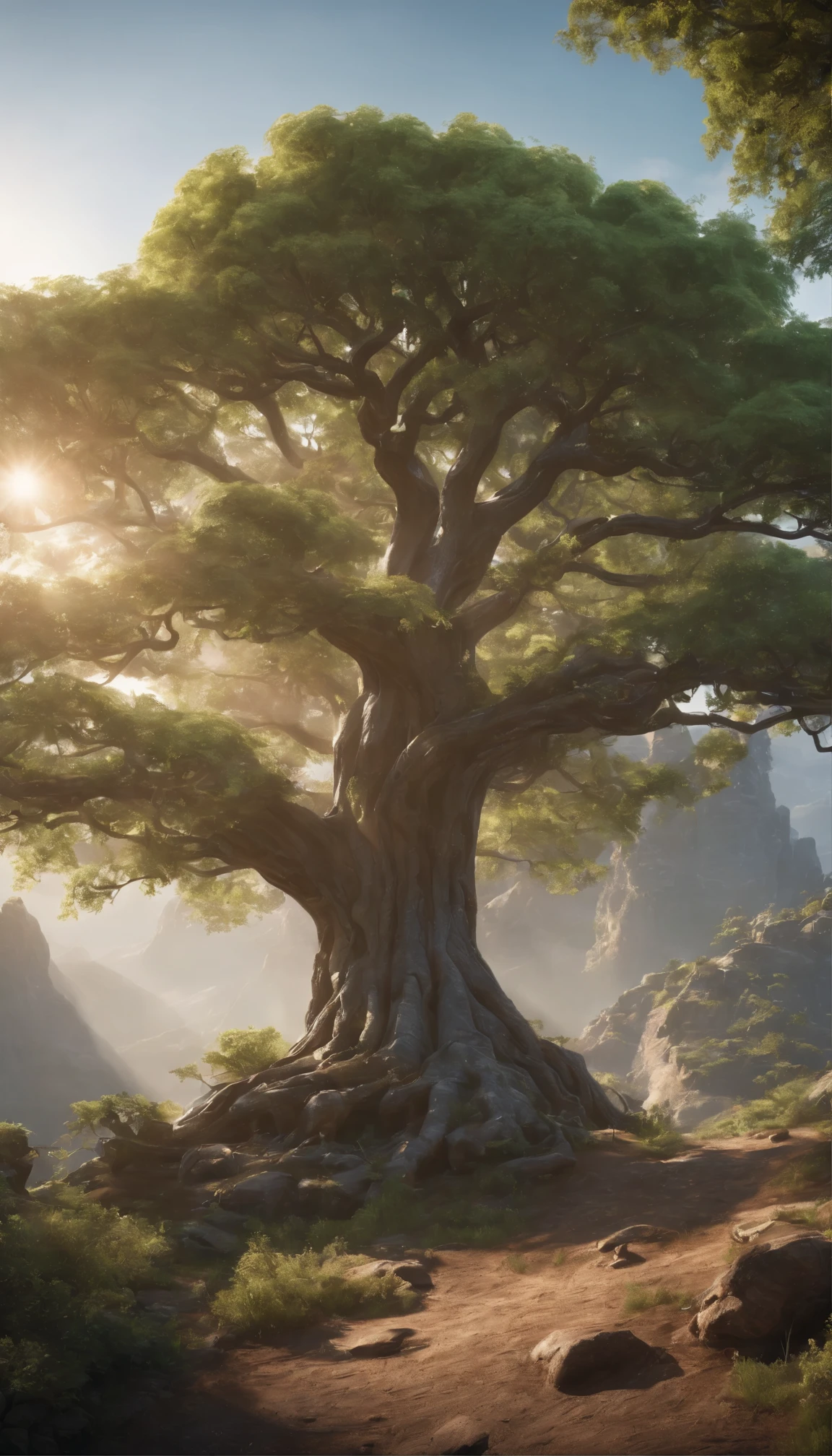 Attractive landscape concept art、8K resolution and super cool sci-fi style、Boasting ultra-realistic and dramatic lighting。Atmospheric shadows create a sense of depth and mystery.、Using ray tracing and 3D cinematic rendering、Highlights ultra-detailed features。.。This image, In the center is a majestic tree,、Shows a very high level of detail、Art Station&#39;A masterpiece of 4K and Ultra HD trends、HDR enhances Engine 5 rendering to an unrealistic level。