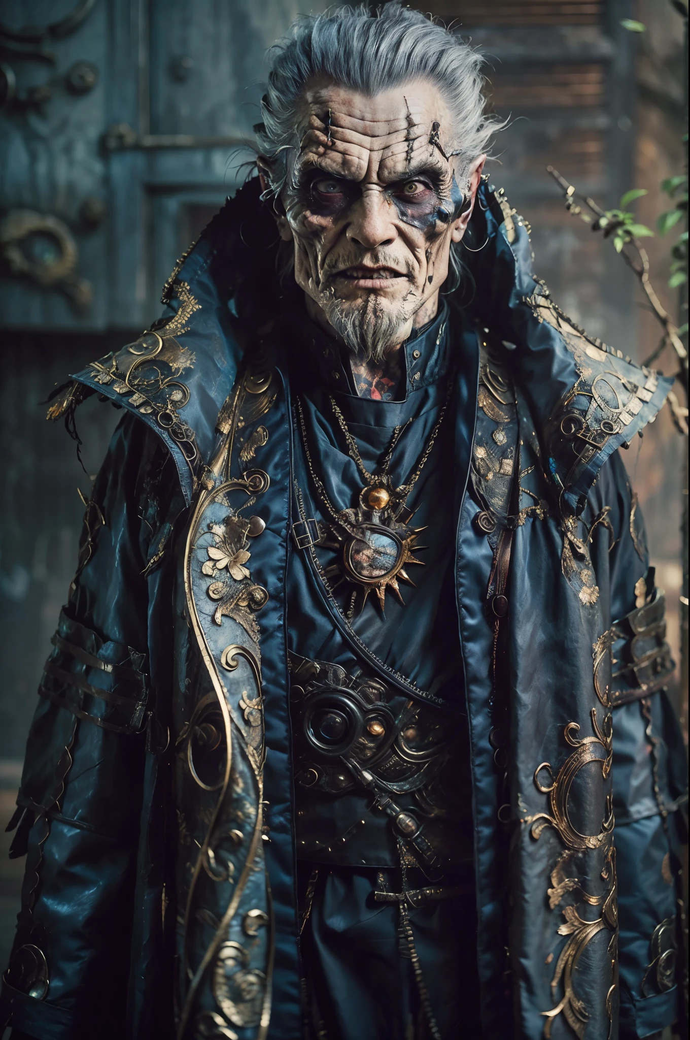 72 year old man, Whole body, Cold, layers of clothing, futuristic cyberpunk costume, librarian, writer, bulky clothes, futuristic clothes, [Liam Neeson] priest, librarian, short hair, marquee, pointed white beard, tattoo on eye, stylized sun tattoo on the right eye, futuristic clothes, layered clothing, ROBE, raincoat with hair, cold inspired by Adrienn Henczné Deáki, trousers, Cold, hair cloak,  inspired by Olivia de Berardinis