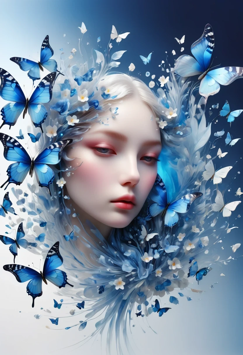 best quality,perfect masterpiece,Perfect work of art,Business,8k,Blue transparent butterfly，blue，Kaneko,Pearl hallucination,(The front is centered),(Centrosymmetric)，3S Materials,HD,Detailed performance,C4D,。.3D,Octane Rendering,Ray Tracing,Intricate details,Animated Lighting,Renderer,