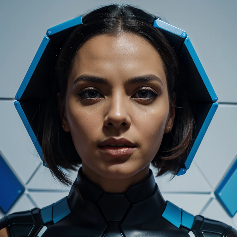 A bold portrait: Futuristic hexagons contrast blue background.
