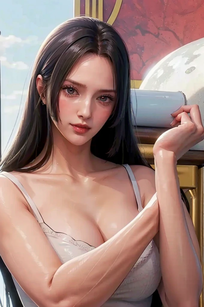 (((masterpiece))), (((best quality))), ((ultra-detailed)), (highly detailed CG illustration), Boa Hancock, (masterpiece:1.5), Detailed Photo, Sexy, (Best Quality: 1.4), (1girl), Beautiful Face, (Black Hair, long Hair: 1.3), Beautiful Hairstyle, beautiful detail eyes, (realistic skin), beautiful skin, absurd, attractive, ultra high resolution, high definition, (sexually aroused:1.5), Pinkish white skin, cool white light, sexy pose, Beautiful , white background, pink soft white light, Wear a white dress, 