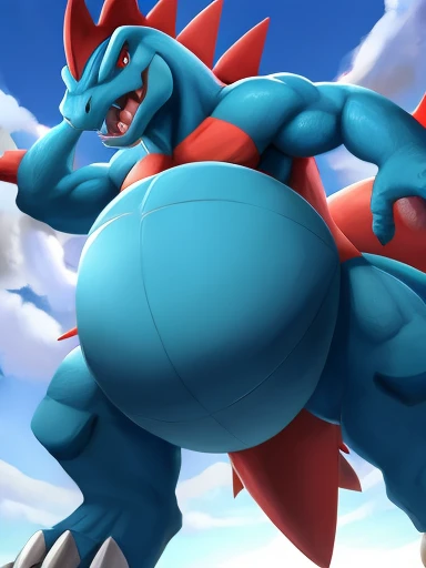 Pokemon Feraligatr, huge belly, full belly, low perspective,