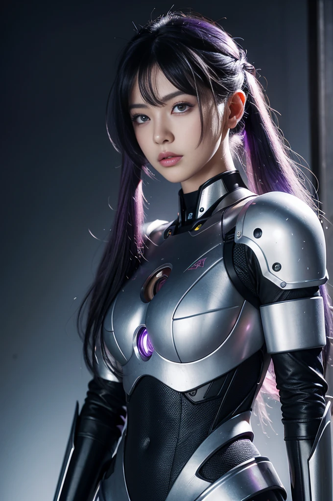masterpiece, best quality, illustration, beautiful detailed eyes, colorful background, mechanical prosthesis, mecha coverage, emerging dark purple across with white hair, pig tails, disheveled hair, fluorescent purple, cool movement, rose red eyes, beatiful detailed cyberpunk city, multicolored hair, beautiful detailed glow, 1 girl, expressionless, cold expression, insanity, long bangs, long hair, lace, dynamic composition, motion, ultra - detailed, incredibly detailed, a lot of details, amazing fine details and brush strokes, smooth, hd semirealistic anime cg concept art digital painting, cyborg style,