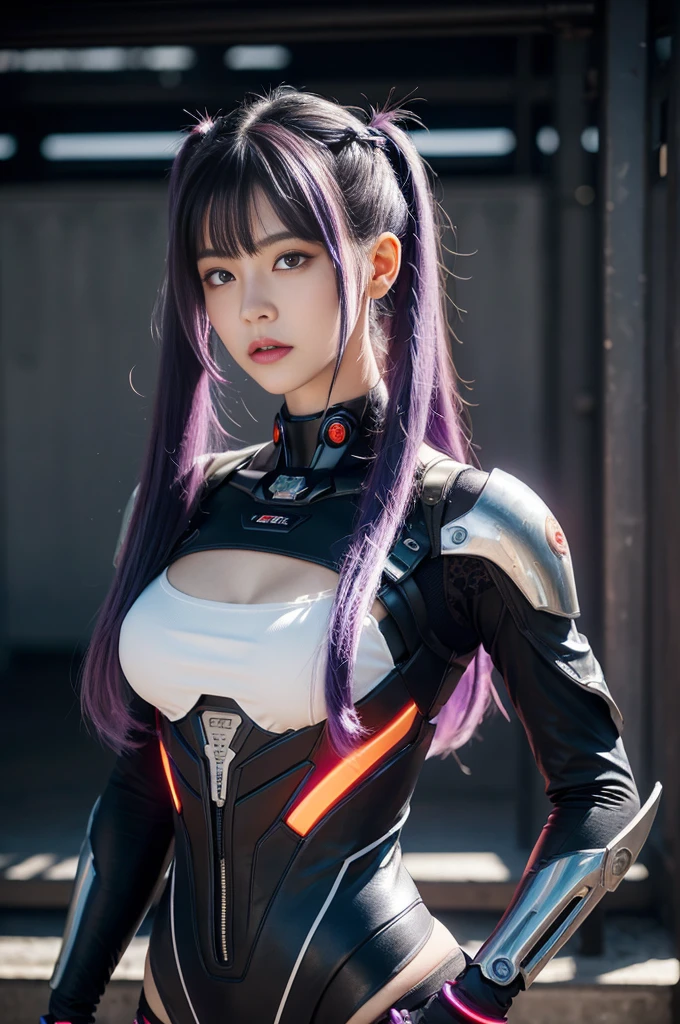 masterpiece, best quality, illustration, beautiful detailed eyes, colorful background, mechanical prosthesis, mecha coverage, emerging dark purple across with white hair, pig tails, disheveled hair, fluorescent purple, cool movement, rose red eyes, beatiful detailed cyberpunk city, multicolored hair, beautiful detailed glow, 1 girl, expressionless, cold expression, insanity, long bangs, long hair, lace, dynamic composition, motion, ultra - detailed, incredibly detailed, a lot of details, amazing fine details and brush strokes, smooth, hd semirealistic anime cg concept art digital painting, cyborg style,