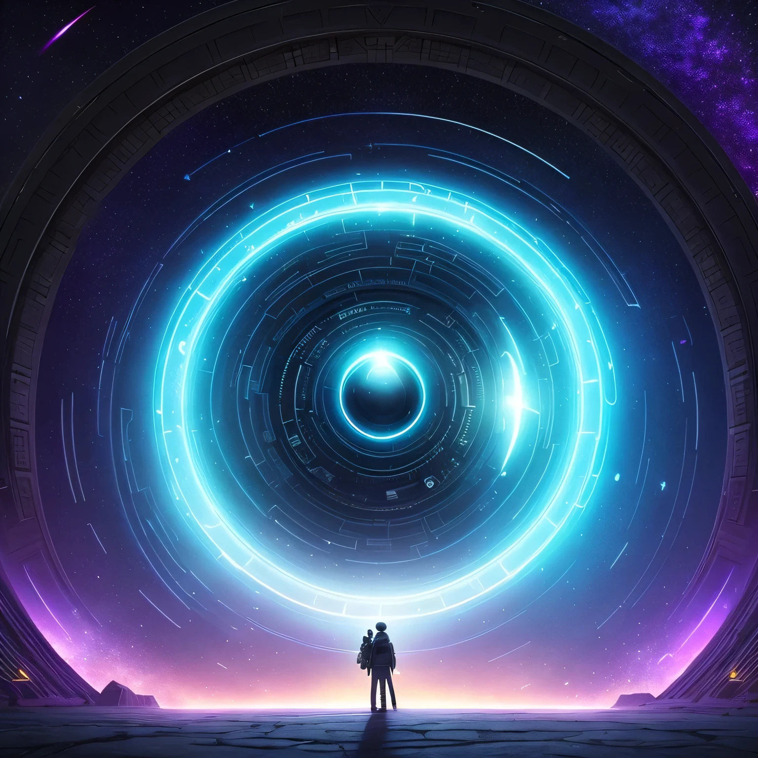 The Alafed family stands in the tunnel,The background is a black hole, portal to outer space, Astronaut lost in liminal space, Interstellar Infinity Portal, 3 d render Bepple, Majestic interstellar gateway, portal in space, Inspired by Beeple, Colossus Stargate, wormhole, author:Bepple, Bepple |