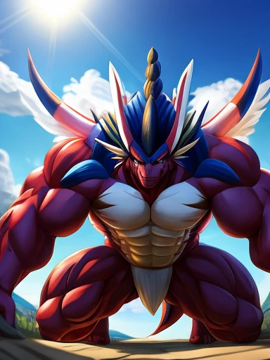 Pokemon Koraidon, muscular, big biceps, view from below, on all fours