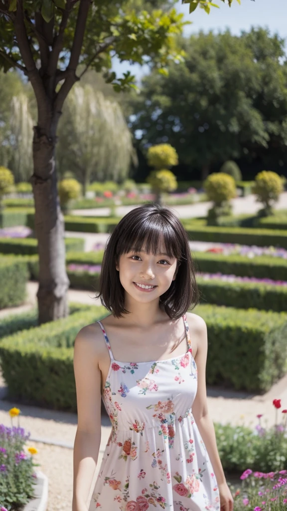 masterpiece, highest quality, disorganized, perfect anatomy, 1 girl, alone, pascal tales, short hair, beautiful, Hilarious, sunny day, botanical garden, Summer winds, sundress, Floral, wavy hair, smile