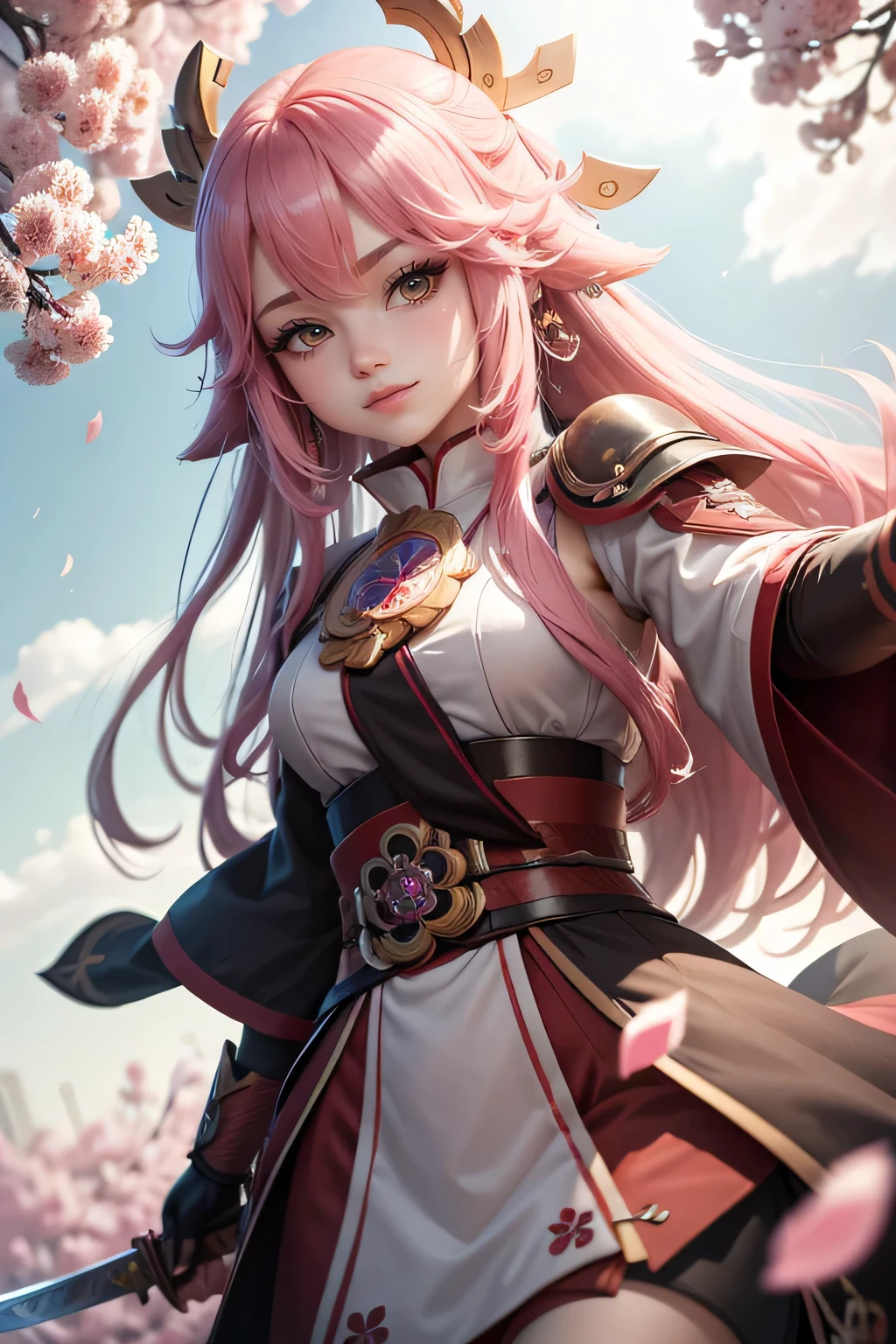 hair bobbles, wince, longeyelashes, solid circle eyes, light smile, ear blush, fang, Surrealism, drop shadow, anaglyph, stereogram, tachi-e, pov, atmospheric perspective, 8k, super detail, ccurate, best quality，A girl，Yae Miko in Genshin，Genshin Impact, Cherry blossom petals surround her, The best anime，Long-haired anime girl holding a sword in front of a cherry tree, anime art wallpaper 4k,