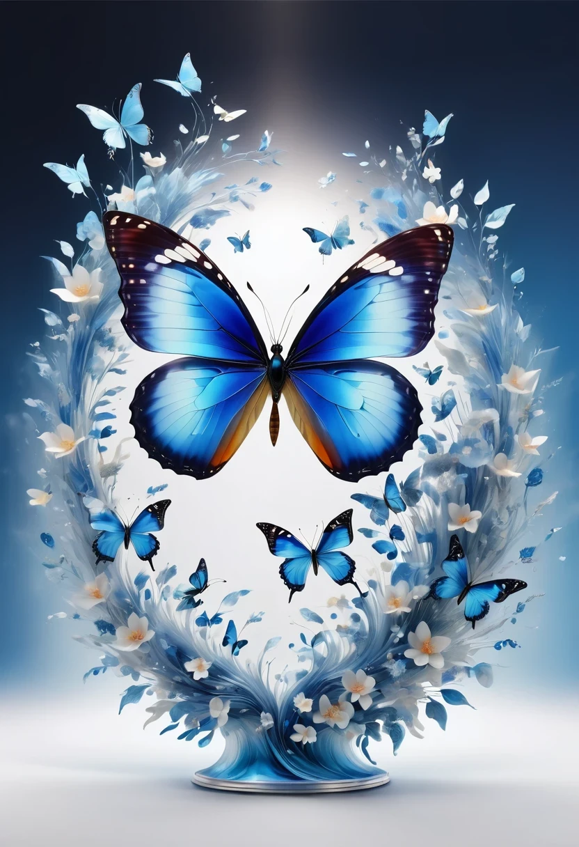 best quality,perfect masterpiece,Perfect work of art,Business,8k,Blue transparent butterfly，blue，Kaneko,Pearl hallucination,(The front is centered),(Centrosymmetric)，3S Materials,HD,Detailed performance,C4D,。.3D,Octane Rendering,Ray Tracing,Intricate details,Animated Lighting,Renderer,