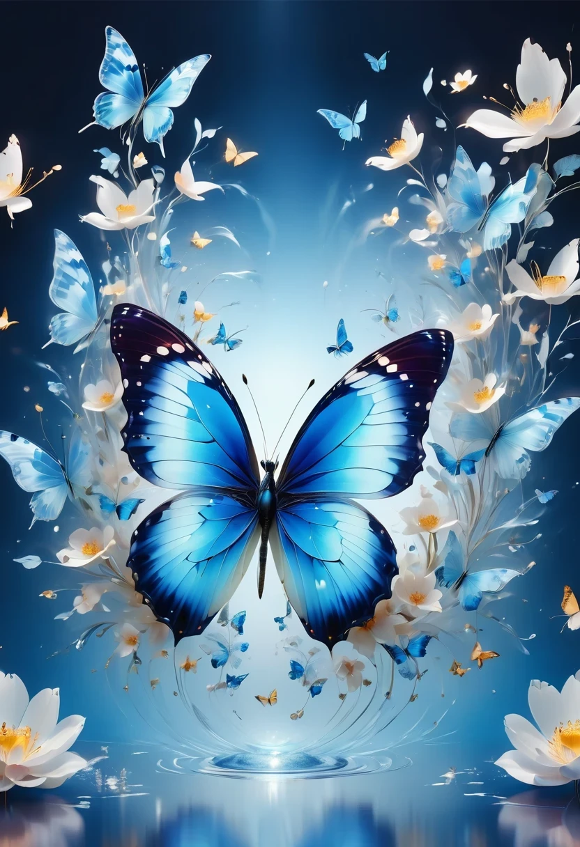 best quality,perfect masterpiece,Perfect work of art,Business,8k,Blue transparent butterfly,blue,Kaneko,Pearl hallucination,(The front is centered),(Centrosymmetric),3S Materials,HD,Detailed performance,C4D,。.3D,Octane Rendering,Ray Tracing,Intricate details,Animated Lighting,Renderer,