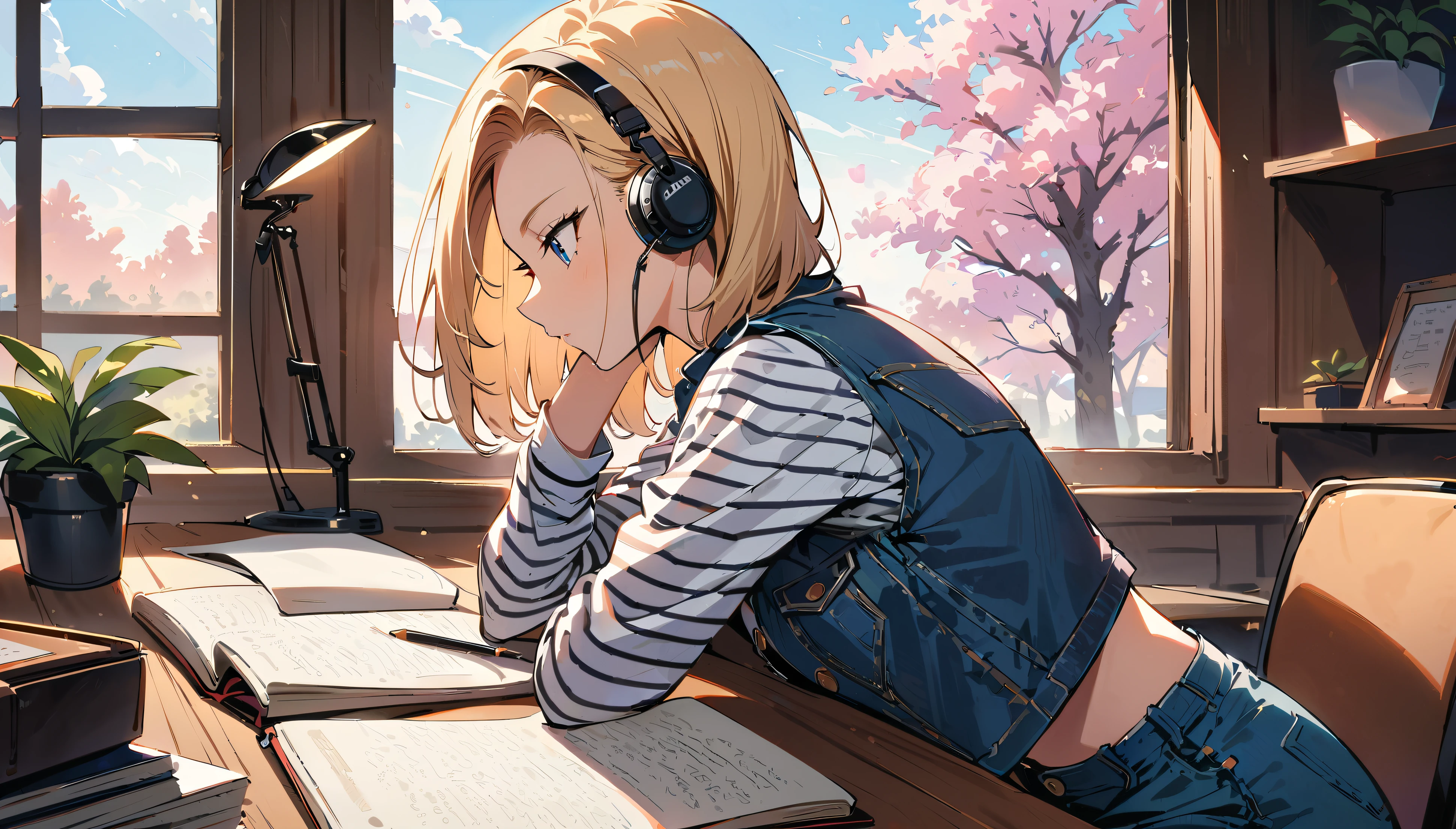 (masterpiece, best quality:1.2), 1girl, solo, Android 18 from Dragon Ball, slender figure, headphones, short blonde hair, blue eyes, earrings, jewelry, denim vest, black pantyhose, black fitted and cropped camisole, denim skirt, striped long sleeves, exposing her shoulders, seated at her stylishly organized desk intently writing in a journal, completely absorbed in documenting her thoughts, desk has a modern desk lamp, potted plant, an additional small potted plant in the foreground, chic and pristine log cabin room, minimalist yet tasteful room decor with no clutter, large window with cherry blossoms blooming outside, side view, 4K