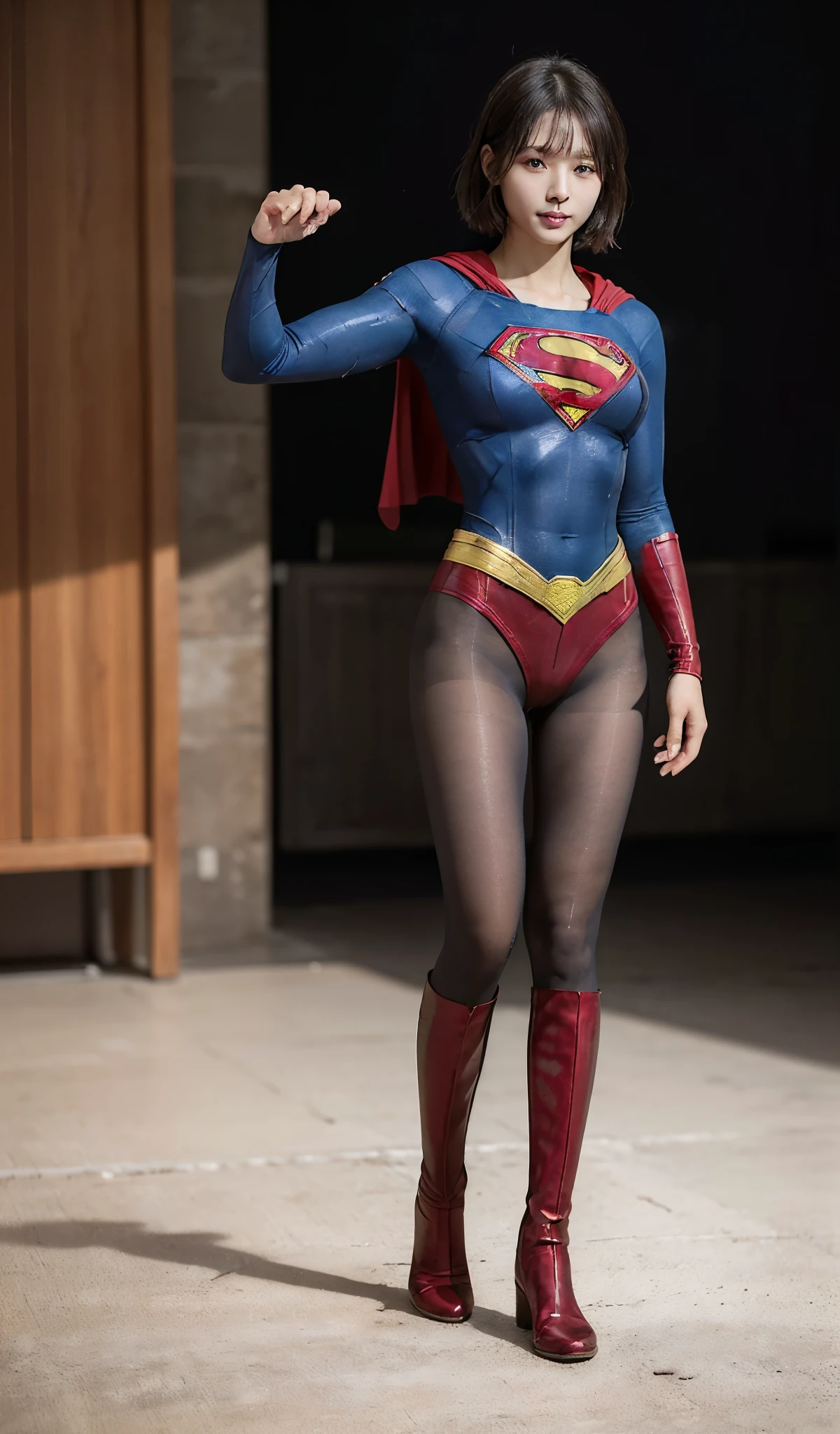 No background、(((Beautiful legs in black tights.)))、(((Legally express the beauty of your smile)))、((((Make the most of your original images)))、(((Supergirl Costume)))、(((Beautiful boyish short hairstyle)))、(((suffering)))、(((Please wear black tights....、Wear red boots)))、((Best image quality、8k))、((highest quality、8k、masterpiece:1.3))、(((Preserve background )))、Sharp focus:1.2、Beautiful woman with perfect figure:1.4、Slim Abs:1.2、Wet body:1.5、Highly detailed face and skin texture、8k