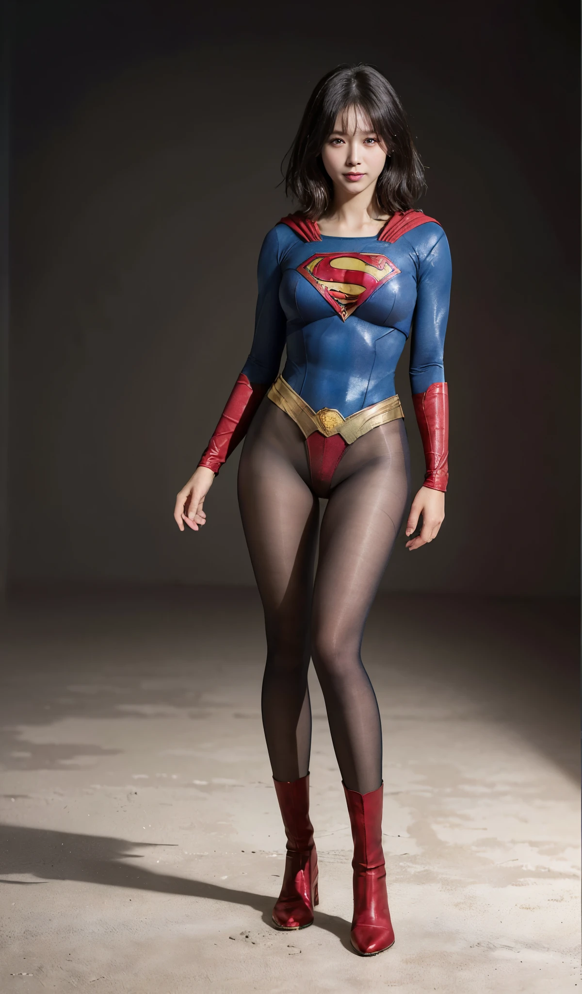 No background、(((Beautiful legs in black tights.)))、(((Legally express the beauty of your smile)))、((((Make the most of your original images)))、(((Supergirl Costume)))、(((Beautiful boyish short hairstyle)))、(((suffering)))、(((Please wear black tights....、Wear red boots)))、((Best image quality、8k))、((highest quality、8k、masterpiece:1.3))、(((Preserve background )))、Sharp focus:1.2、Beautiful woman with perfect figure:1.4、Slim Abs:1.2、Wet body:1.5、Highly detailed face and skin texture、8k