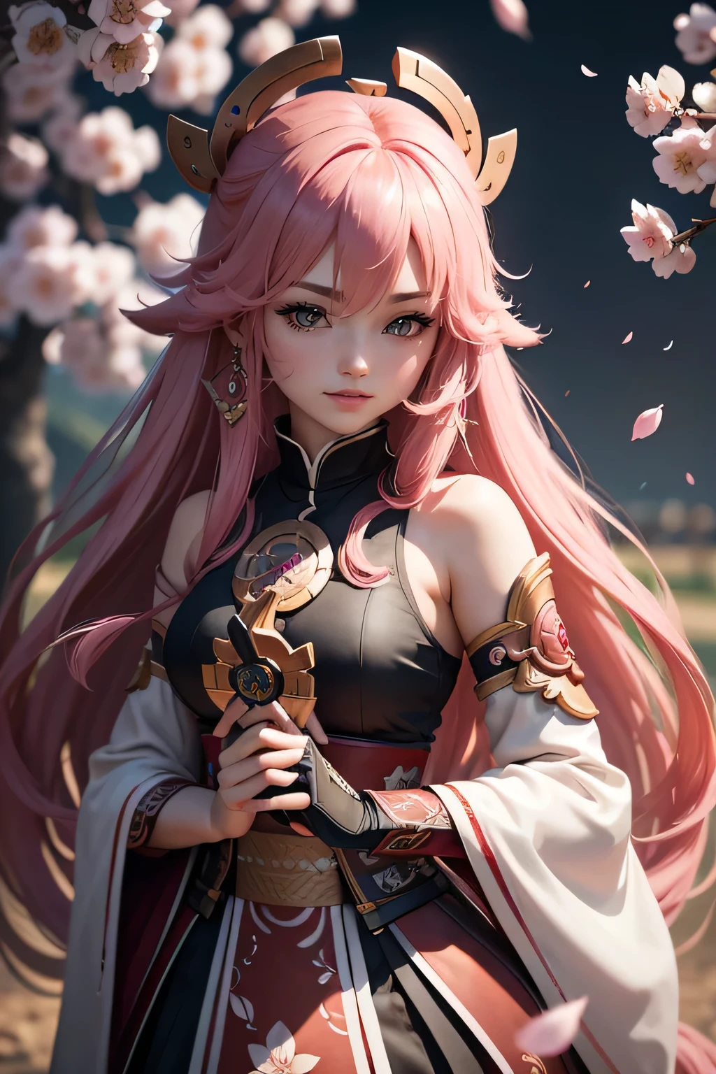 hair bobbles, wince, longeyelashes, solid circle eyes, light smile, ear blush, fang, Surrealism, drop shadow, anaglyph, stereogram, tachi-e, pov, atmospheric perspective, 8k, super detail, ccurate, best quality，A girl，Yae Miko in Genshin，Genshin Impact, Cherry blossom petals surround her, The best anime，Long-haired anime girl holding a sword in front of a cherry tree, anime art wallpaper 4k,