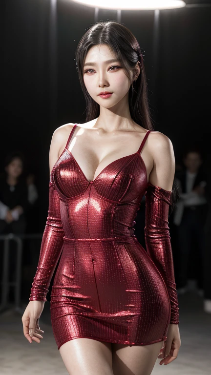 ace, 16K, ultra realista, high resolution, obra de arte, melhor qualidade, head: 1.3, (Korean K-pop idol), Pele fina, iluminada, texturas realistas, sharp focus, (cinema lighting), clavicle, Morning, luz suave, dynamic angle, [: (rosto detalhado:1.2):0.2], seios grandes naturais, rugas nas axilas, fenda apertada, vestido vermelho, magro hot, meio do peito, decote, corpo todo,