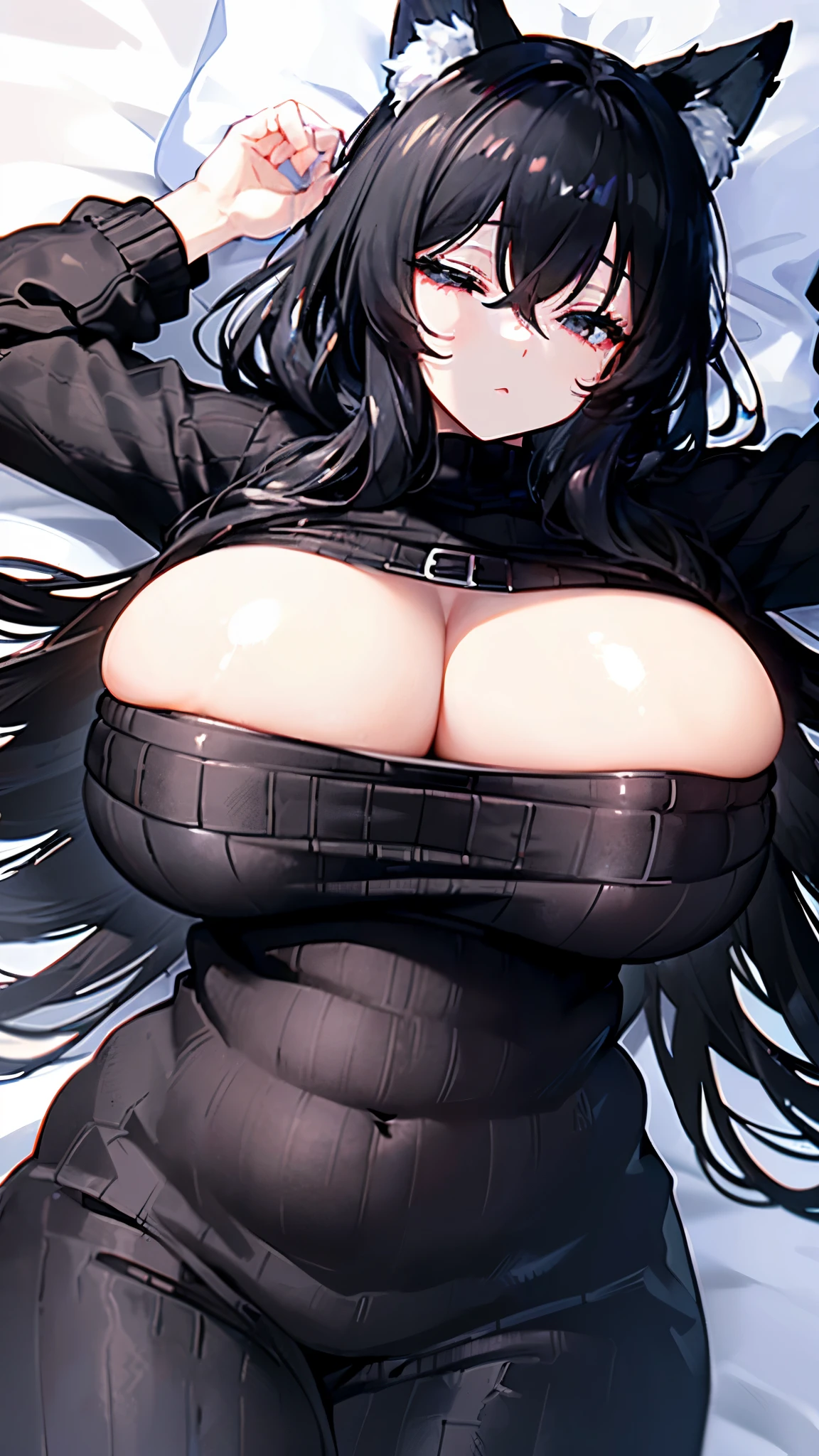 ((arms up behind)),((lie down)),((sleep)),((Fluffy black sweater outfit)),((Open the chest)),((Fluffy black clothes)),((Large Breasts)),((Big Breasts)),((Black Hair)),((Attractive plump body)),((Fox&#39;s Tail)),((Nine-Tailed Fox)),((Fluffy tail)),((Fluffy cat ears)),(Black Hairロング),(Messy Hair),(fluffy),((Fluffy tail)),((Big cat ears)),(first round),(Red Eyes),master piece、best quality, high resolution、(( ultra-detailed)),beautiful detailed face,deep detailed eyes,((sparkling eyes)),((heart earrings)),((shy)), (Blushing),((Big Boobs)),((Attractive boobs)),((Red Eyes))