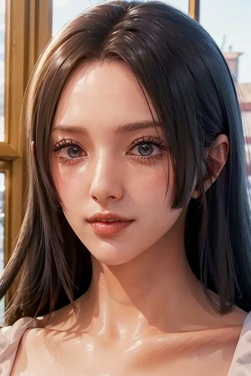 (((masterpiece))), (((best quality))), ((ultra-detailed)), (highly detailed CG illustration), Boa Hancock, (masterpiece:1.5), Detailed Photo, Sexy, (Best Quality: 1.4), (1girl), Beautiful Face, (Black Hair, long Hair: 1.3), Beautiful Hairstyle, beautiful detail eyes, (realistic skin), beautiful skin, absurd, attractive, ultra high resolution, high definition,  Pinkish white skin, cool white light, sexy pose, Beautiful , white background, pink soft white light, Wear a white dress, teenage girl, sexy