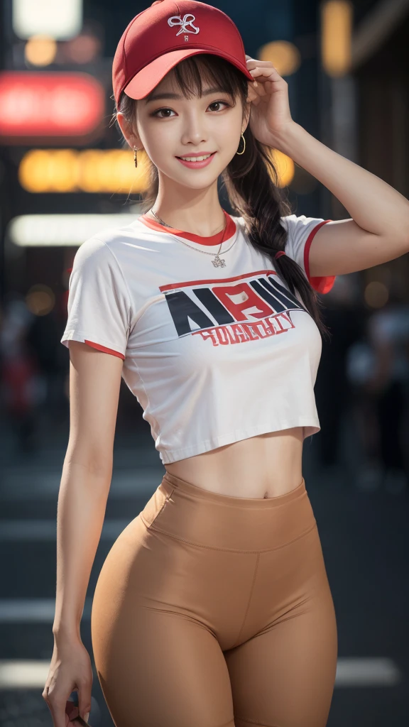 8k, masterpiece, RAW photo, best quality, photorealistic, extremely detailed CG unity 8k wallpaper, Depth of field, Cinematic Light, Lens Flare, Ray tracing, (extremely beautiful face, beautiful lips, beautiful eyes), intricate detail face, ((ultra detailed skin)) 1girl, in the dark, deep shadow, pretty korean girl, kpop idol,(very slim slender fit-muscled body), ((looking at viewer)),(big smile), (fashion city night, (neon sign), (blurry background), midnight, (vacant city), (without people in the background), pretty korean girl, white diamond earrings, dia bracelets, dia necklace, clear eyes, walking , front shot, (pale skin), face forward, (big eyes), ((upper body shot)), (baseball cap), ((red color leggings shorts)), (camel toe, shape), ((T-shirt)), (ponytail) (looking at viewer), big breasts,((smile))
