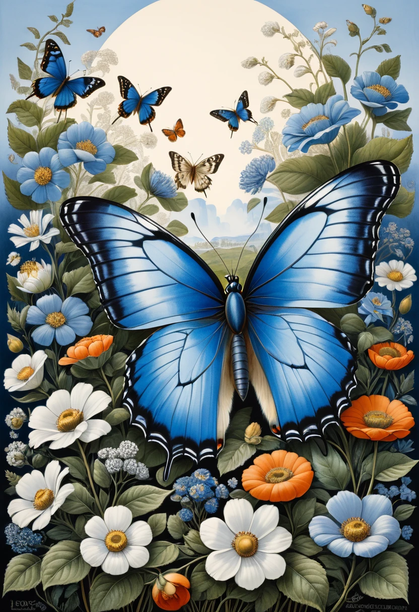 blue butterfly, (masterpiece, best quality, Professional, perfect composition, very aesthetic, absurdres, ultra-detailed, intricate details:1.3), by Elsa Beskow