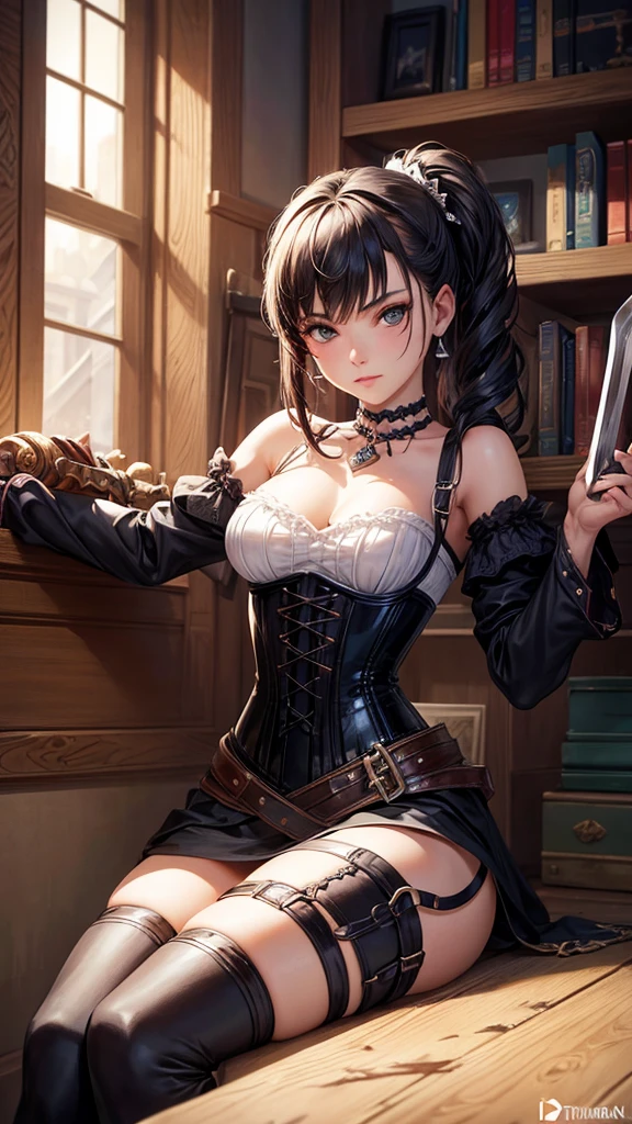 A woman in a corset is sitting on a shelf holding a sword, extremely detailed art jam, Kschat Krentz Key Art Feminine, style art jam, Up to the model | art jam, style ivan talavera and art jam, style of art jam, ! dream art jam, art jam. Attention to detail