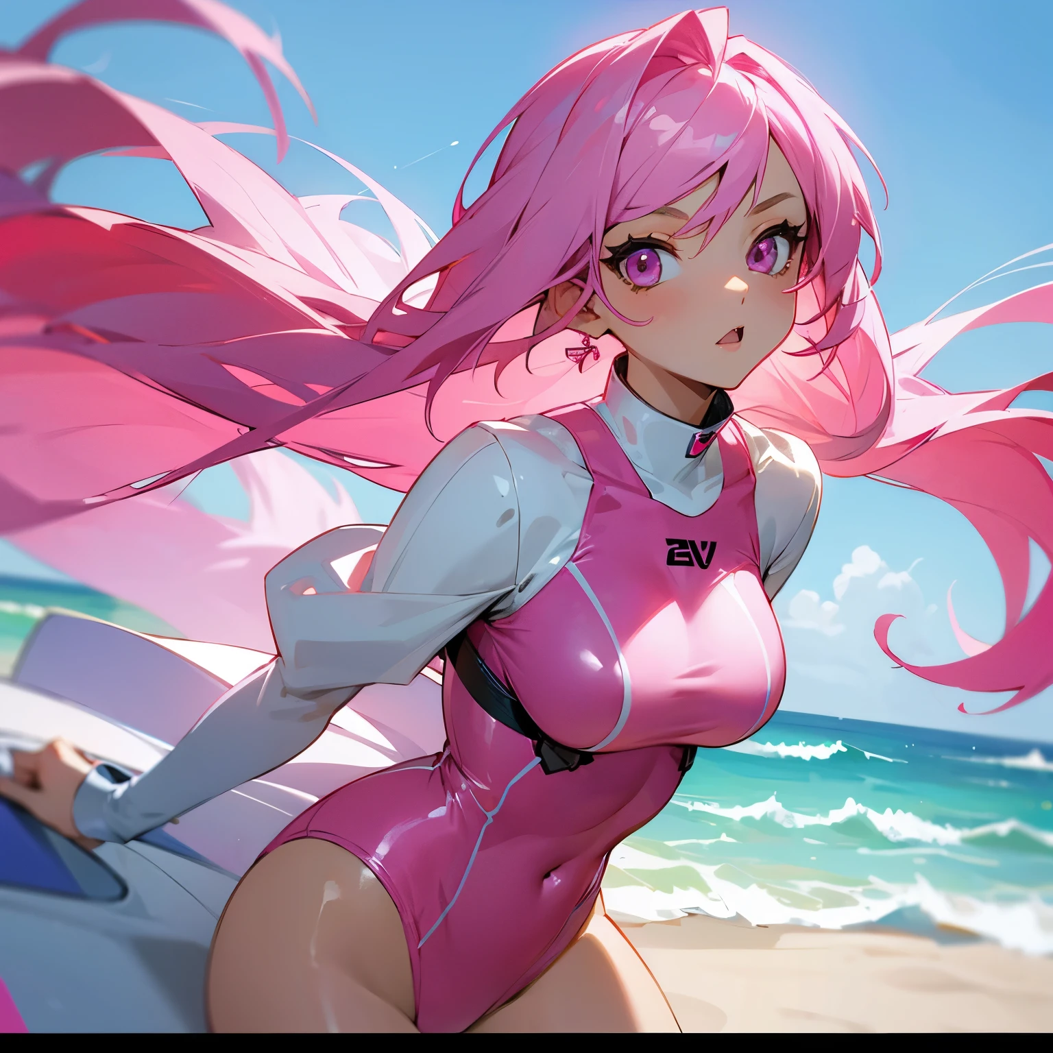 Busty anime girl with pink hair and light pink eyes wearing a swimsuit