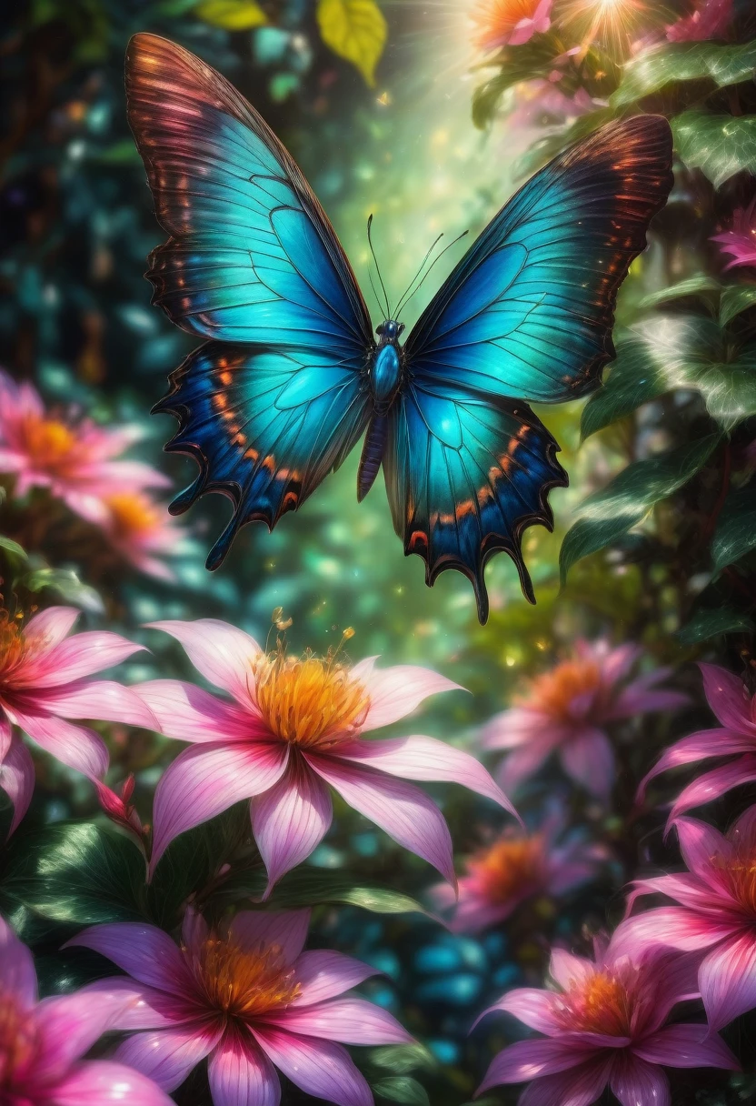 blue butterfly, aesthetic, (best quality,4k,8k,highres,masterpiece:1.2),ultra-detailed,(realistic,photorealistic,photo-realistic:1.37),colorful, vibrant, shimmering blue butterfly, delicate, intricate wings, graceful movement, flourishing garden, blooming flowers, sun-kissed petals, lush green foliage, ethereal atmosphere, magical illumination, whimsical, iridescent patterns, sparkling sunlight, gentle breeze, serene ambiance, artful composition, soft focus, mesmerizing beauty, naturalistic rendering, captivating contrast, exquisite details, dreamlike quality, surrealistic touch