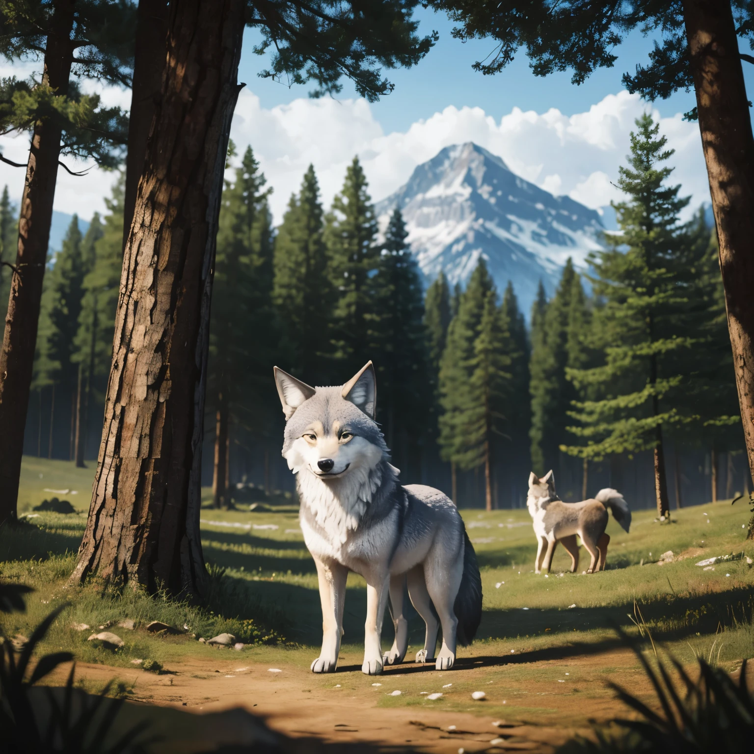 Cartoon of a small and friendly wolf animal, who lives in a forest and is surrounded by animals