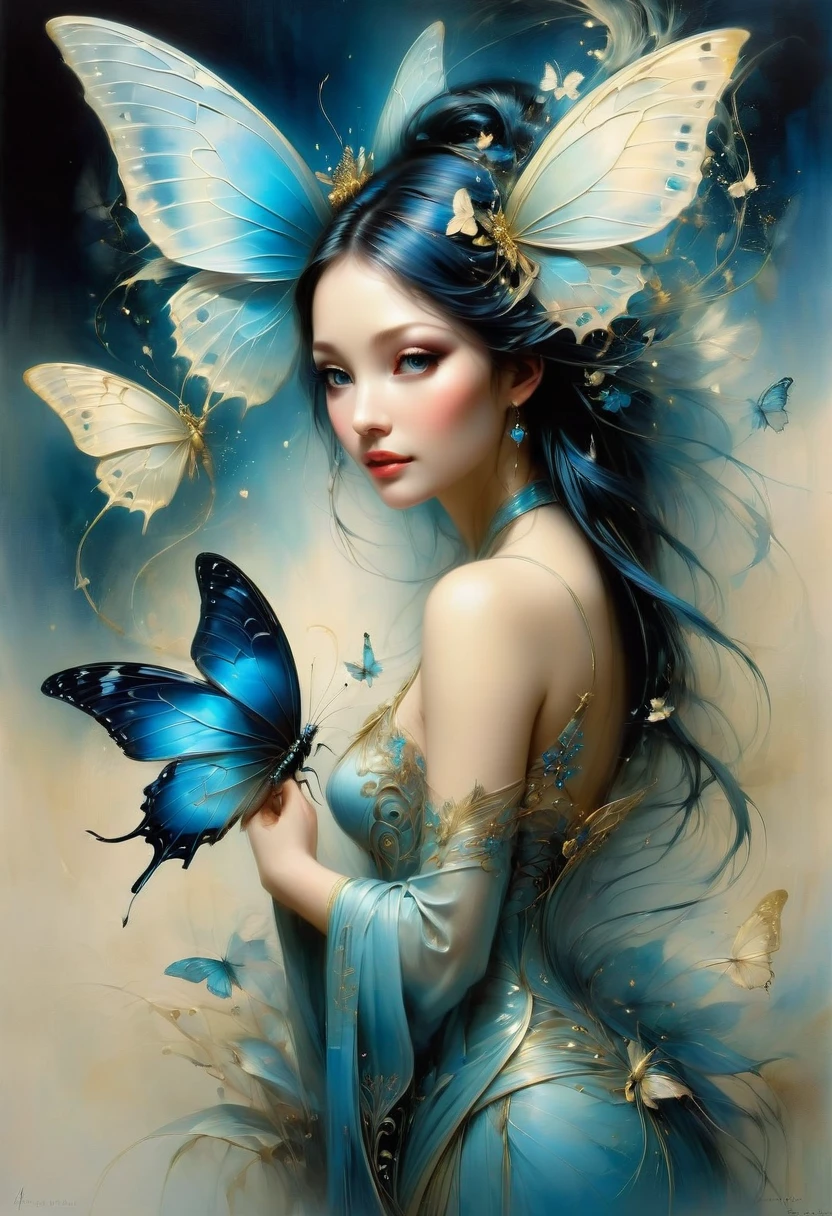 blue butterfly, by Anne Bachelier, best quality, masterpiece, very aesthetic, perfect composition, intricate details, ultra-detailed