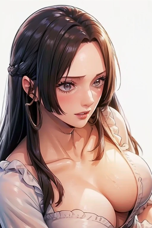 (((masterpiece))), (((best quality))), ((ultra-detailed)), (highly detailed CG illustration), Boa Hancock, (masterpiece:1.5), Detailed Photo, Sexy, (Best Quality: 1.4), (1girl), Beautiful Face, (Black Hair, long Hair: 1.3), Beautiful Hairstyle, beautiful detail eyes, (realistic skin), beautiful skin, absurd, attractive, ultra high resolution, high definition, Pinkish white skin, cool white light, sexy pose, Beautiful , white background, pink soft white light, Wear a white dress, age girl, sexy