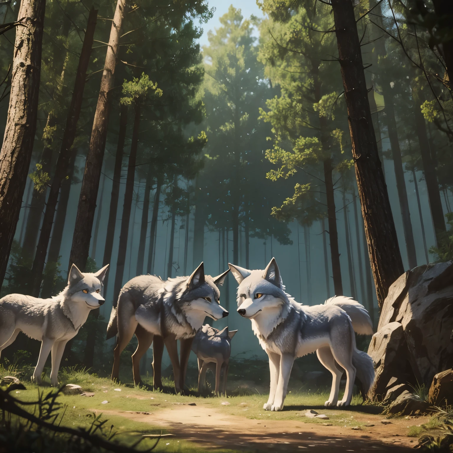 Cartoon of a small and friendly wolf animal, who lives in a forest and is surrounded by animals