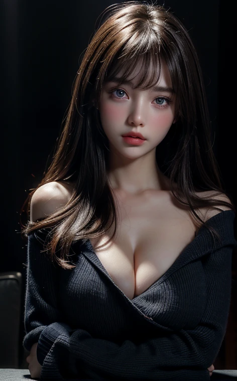 best quality, masterpiece,, Delicate skin, Be focused, Movie Lighting, soft light , Feel free to hairstyle, Ultra-fine face, Delicate eyes, Smooth skin, Bangs, Big Boob , Cleavage exposed, blue eyes, ((Dark background)), Looking at the audience, Off-shoulder, Black Sweater, Pointed face, Open Mouse, long bang,