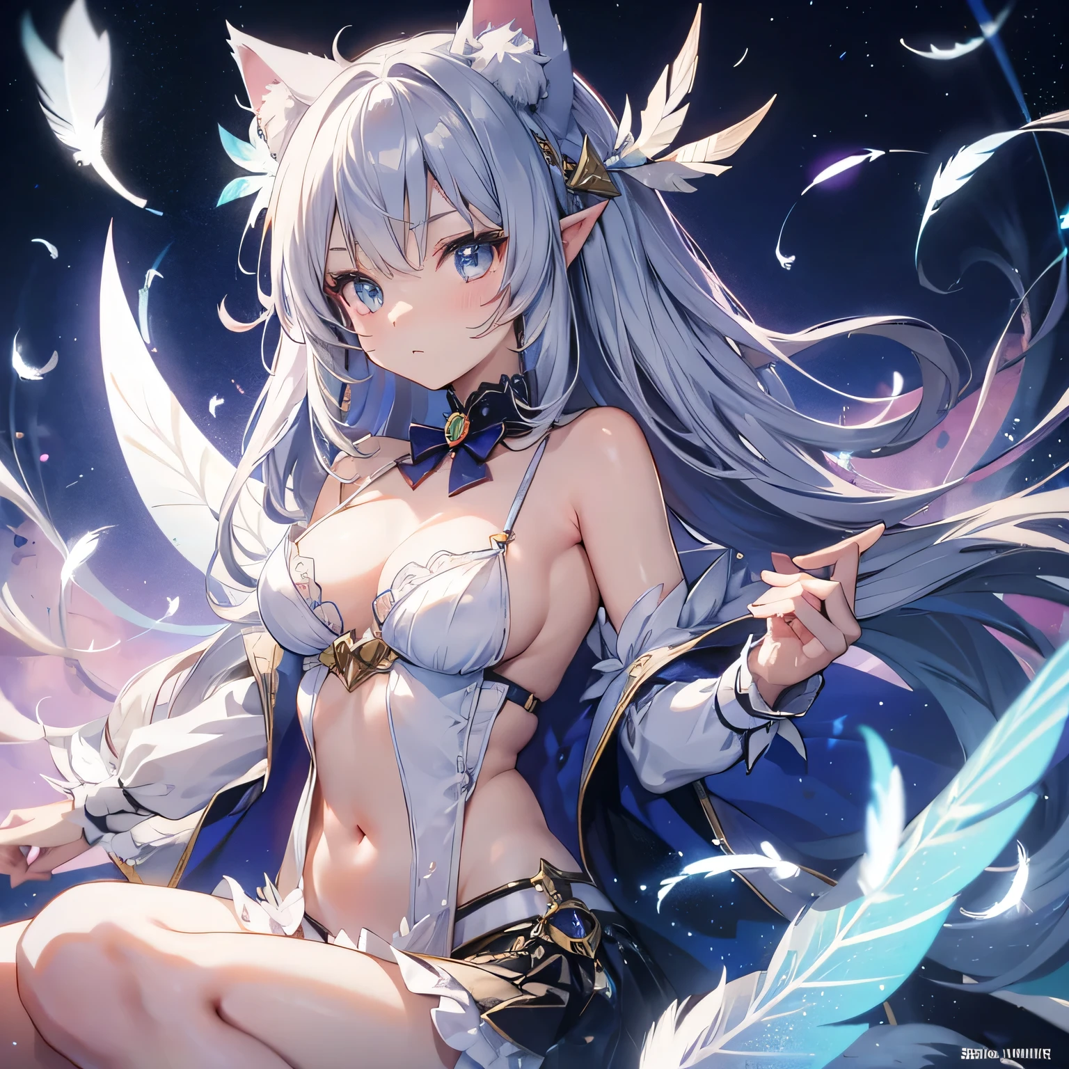 anime, cat ears , E cup, silver long hair, sexy, fairy, fluttering feathers, lens flare