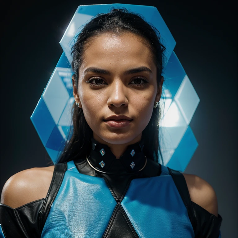A bold portrait a brazilian woman: Futuristic hexagons contrast blue background.