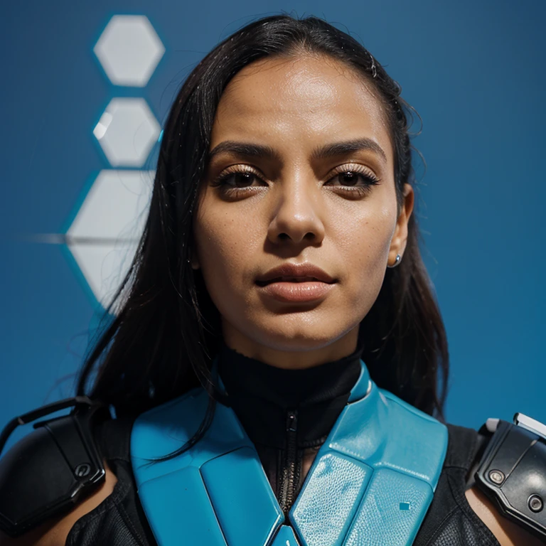 A bold portrait a brazilian woman: Futuristic hexagons contrast blue background.
