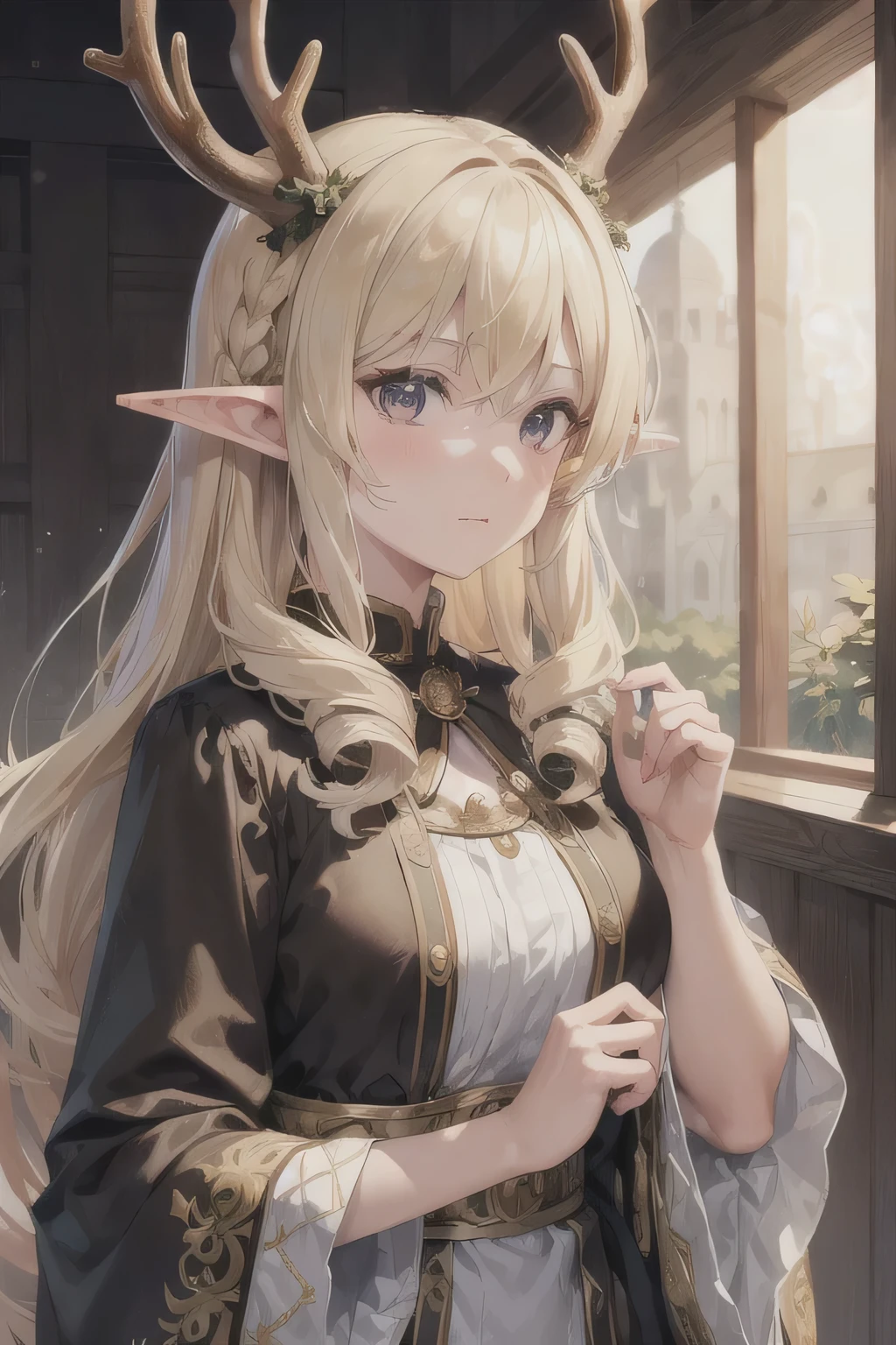 (high quality,masterpiece, best quality), 1 Girl, Intricate details, Blonde, Yoko, curls, Looking at the audience, Elf, Upper Body, decorate, mist, antlers,