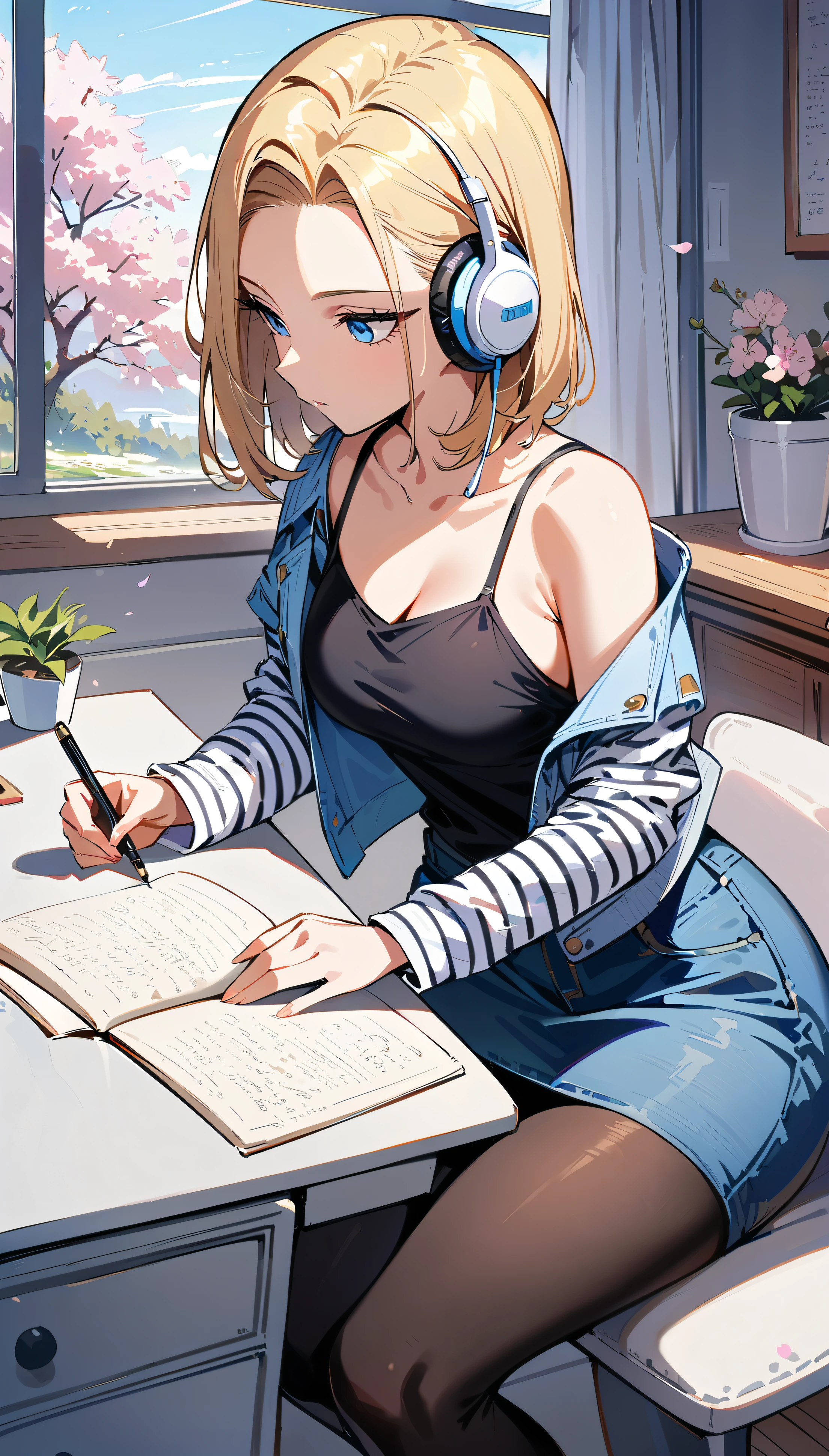 (masterpiece, best quality:1.2), 1girl, solo, Android 18 from Dragon Ball, slender figure, headphones, short blonde hair, blue eyes, earrings, jewelry, denim vest, black hose, black fitted and cropped camisole, denim skirt, striped long sleeves, exposing her shoulders, seated at her stylishly organized white desk intently writing in a journal, completely absorbed in documenting her thoughts, white desk has a modern white desk lamp, white potted plant, an additional small white potted plant in the foreground, chic and pristine white log cabin room with white walls, minimalist yet tasteful white room decor with no clutter, large window with cherry blossoms blooming outside, side view, 4K