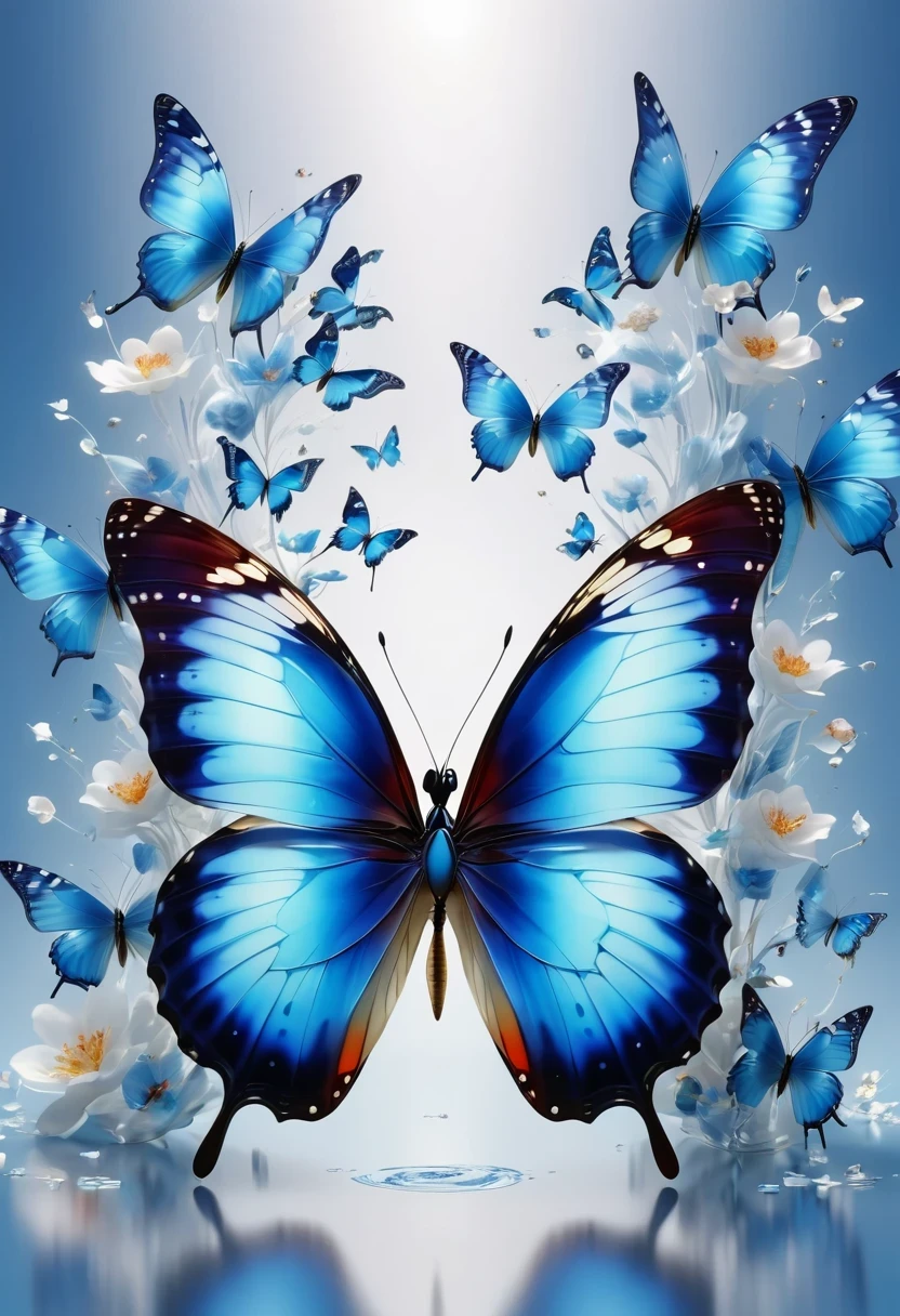 best quality,perfect masterpiece,Perfect work of art,Business,8k,Blue transparent butterfly，blue，Kaneko,Pearl hallucination,(The front is centered),(Centrosymmetric)，3S Materials,HD,Detailed performance,C4D,。.3D,Octane Rendering,Ray Tracing,Intricate details,Animated Lighting,Renderer,