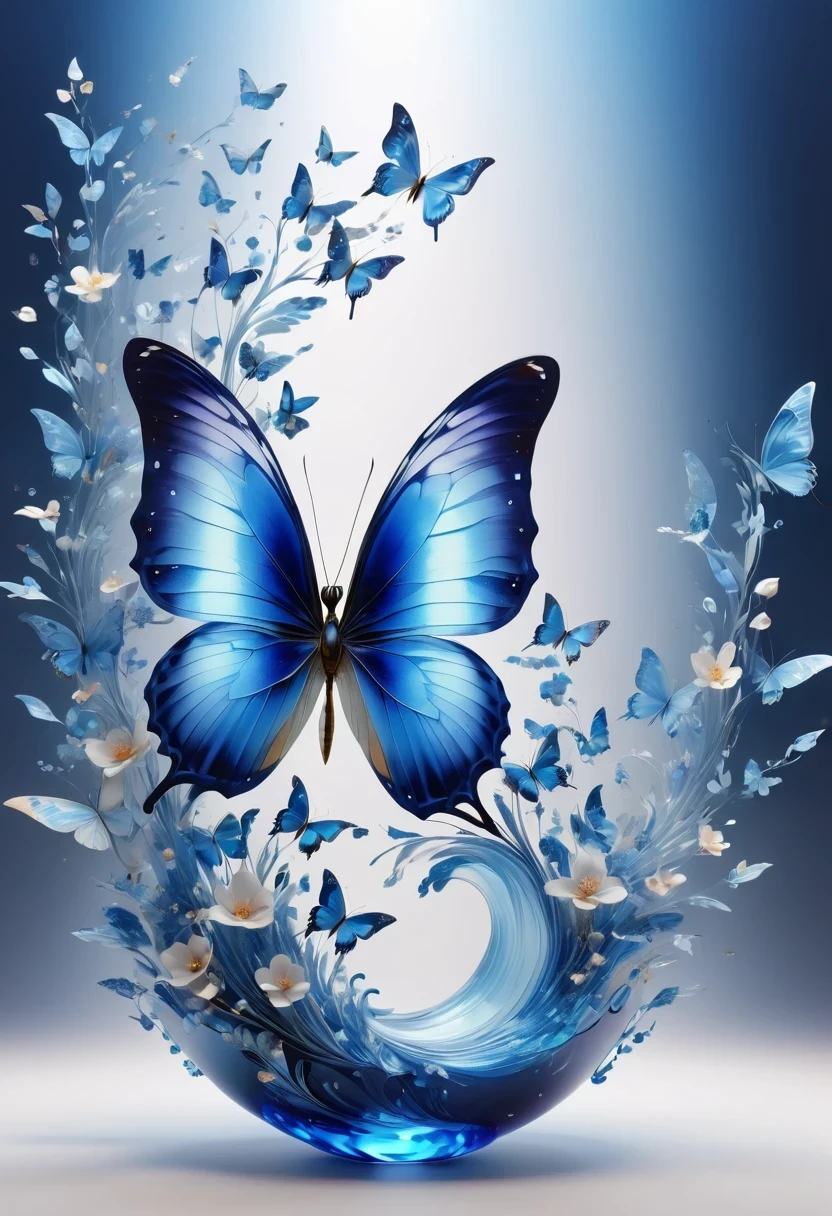 best quality,perfect masterpiece,Perfect work of art,Business,8k,Blue transparent butterfly，blue，Kaneko,Pearl hallucination,(The front is centered),(Centrosymmetric)，3S Materials,HD,Detailed performance,C4D,。.3D,Octane Rendering,Ray Tracing,Intricate details,Animated Lighting,Renderer,