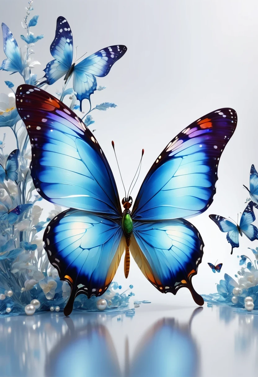 best quality,perfect masterpiece,Perfect work of art,Business,8k,Blue transparent butterfly，blue，Kaneko,Pearl hallucination,(The front is centered),(Centrosymmetric)，3S Materials,HD,Detailed performance,C4D,。.3D,Octane Rendering,Ray Tracing,Intricate details,Animated Lighting,Renderer,