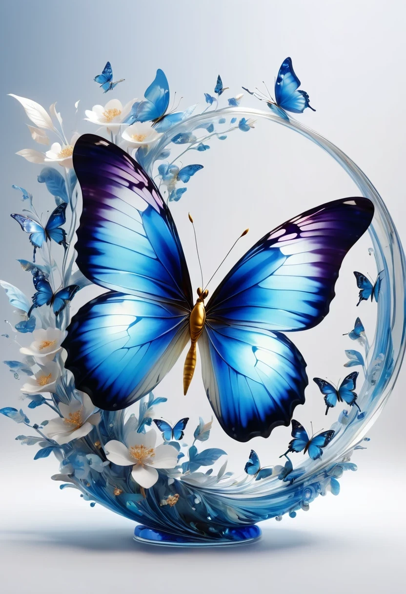 best quality,perfect masterpiece,Perfect work of art,Business,8k,Blue transparent butterfly,blue,Kaneko,Pearl hallucination,(The front is centered),(Centrosymmetric),3S Materials,HD,Detailed performance,C4D,。.3D,Octane Rendering,Ray Tracing,Intricate details,Animated Lighting,Renderer,