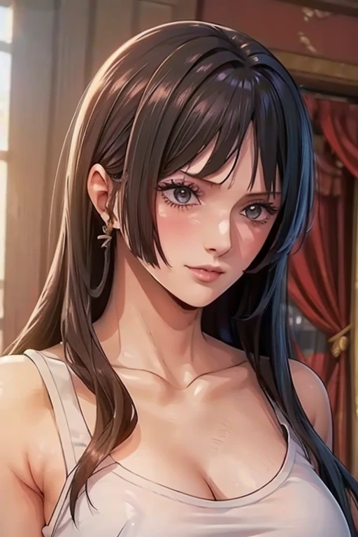 (((masterpiece))), (((best quality))), ((ultra-detailed)), (highly detailed CG illustration), Boa Hancock, (masterpiece:1.5), Detailed Photo, Sexy, (Best Quality: 1.4), (1girl), Beautiful Face, (Black Hair, long Hair: 1.3), Beautiful Hairstyle, beautiful detail eyes, (realistic skin), beautiful skin, absurd, attractive, ultra high resolution, high definition,  Pinkish white skin, cool white light, sexy pose, Beautiful , white background, pink soft white light, Wear a white tank top, teenage girl, sexy