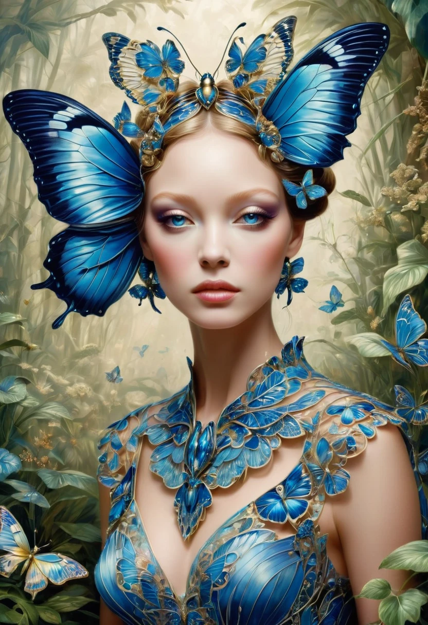 blue butterfly, by Alexander McQueen, best quality, masterpiece, very aesthetic, perfect composition, intricate details, ultra-detailed
