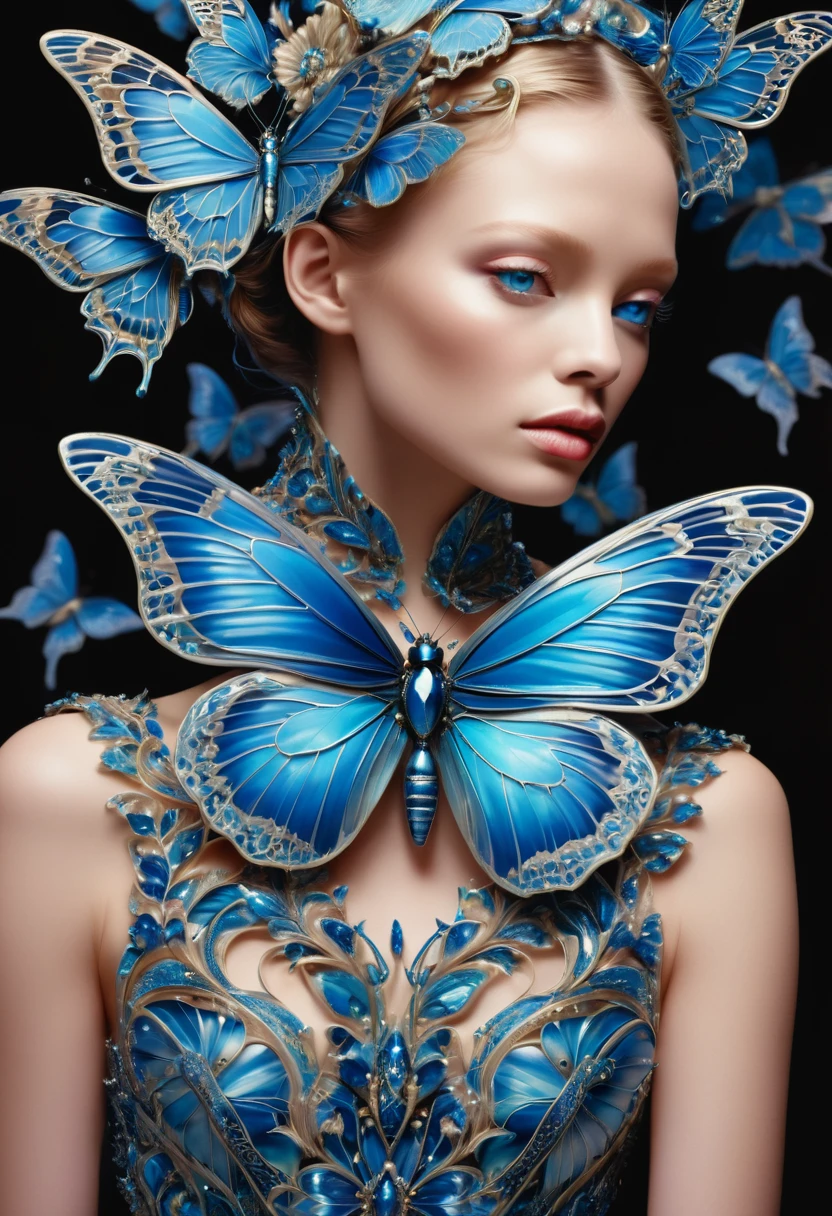 blue butterfly, by Alexander McQueen, best quality, masterpiece, very aesthetic, perfect composition, intricate details, ultra-detailed