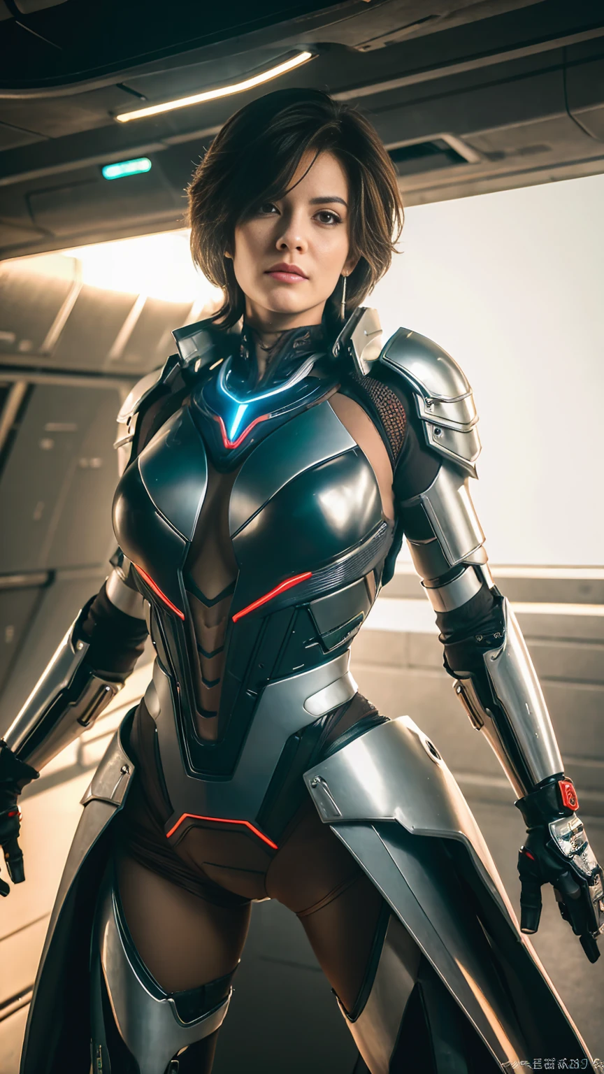 Mature Woman, Woman in a futuristic suit, Highly detailed face, nice, mother, Tomboy, Very large breasts, (Mature Woman), Mature Face, (Mature Woman), Battle Suit, Cyber Suit, Anime girl in tight suit, Milfication, Elegant body, Focus on the navel, nude, gloves, Earrings, Leg armor, SF, Female protagonist, Are standing, Volumetric Light, Detailed lighting, Detailed Texture, BoobsCyberpunk, Biomechanical , masterpiece, Top quality eyes, sci-fi background, Futuristic landscape