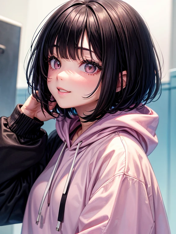 Teenage Girl、hoodie、Big eyes、White skin、Pink Lips、Black Hair、Straight hair、Short Bob Hair、Depiction of the upper body、Looking up at the audience、Smiling Kindly、Open your lips、Guts pose