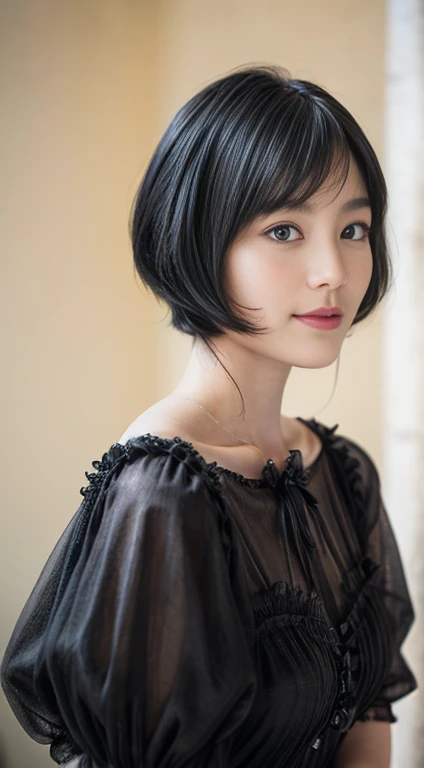 69
(20 year old princess,stand), (surrealism), (masterpiece), ((black hair、Short hair:1.3)), (soft hair),, (Please smile kindly:0.7), lipstick, Luxurious blouse shoulder shot