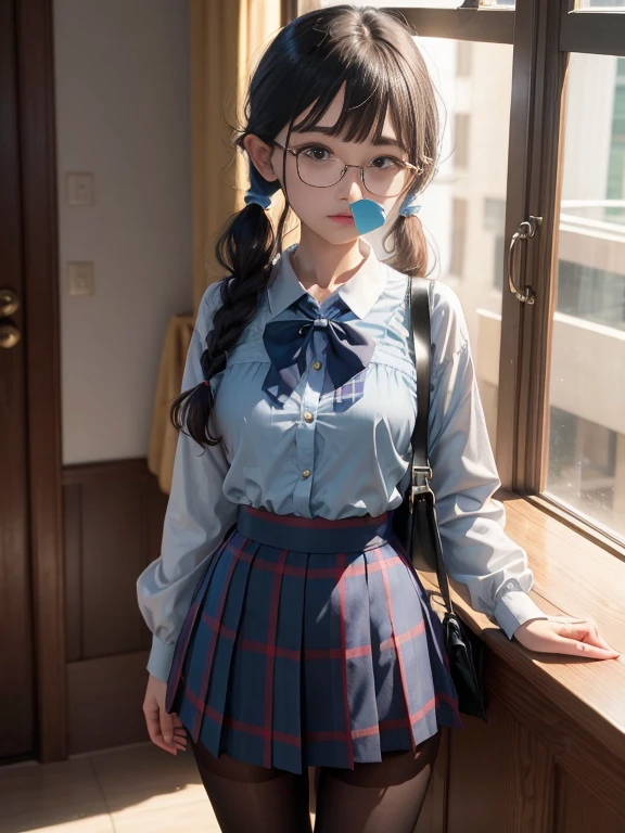 elvish,（8K、Raw photography、top-quality、​masterpiece：1.2),watching at viewers,Looking at the front,Short twin tails,Bullish,Muchimuchi,Erotic,Pupils,Light Blue Bra,de pele branca,kne,(Black pantyhose),absurderes,a small face,,flat breast,Parting the bangs from the middle、Forehead visible,(be shy,Tight eyes,glares,Bullish,skinny,Rasping,irate)、​masterpiece,top-quality、超A high resolution,Raw photo,ren,Beautiful fece,One Person, solo,eye glass,,Dark look,Small breasts,fullllbody,Round glasses、cute little、Back to Student,JK ,hi-school girl,A Japanese Lady,is standing,（Photorealsitic：1.37）、Photon mapping,Realistic、Cute little face,Brown-eyed、Black socks、(Red bow tie)、Radio City、Physically Based Rendering、Foreground、depth of fields、Blurry background、a picture,The girls、Body,beauty legs, Long legs, Thin leg,Tie your hair into one strand on your chest,(Bangs are visible), hair, s lips, Blue_The eye, nosesoft,(Light blue shirt), (Navy and blue and white plaid pleated skirt), Knees are visible,Sheer clothing,, Thigh, Black cotton socks,Nogizaka Idol, actress, Japanese idol