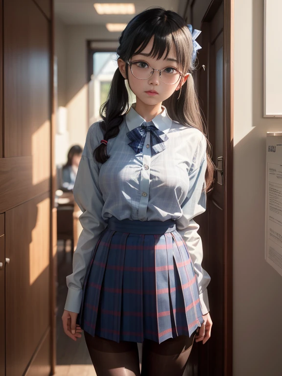 elvish,(8K、Raw photography、top-quality、masterpiece:1.2),watching at viewers,Looking at the front,Short twin tails,Bullish,Muchimuchi,Erotic,Pupils,Light Blue Bra,de pele branca,kne,(Black pantyhose),absurderes,a small face,,flat breast,Parting the bangs from the middle、Forehead visible,(be shy,Tight eyes,glares,Bullish,skinny,Rasping,irate)、masterpiece,top-quality、超A high resolution,Raw photo,ren,Beautiful fece,One Person, solo,eye glass,,Dark look,Small breasts,fullllbody,Round glasses、cute little、Back to Student,JK ,hi-school girl,A Japanese Lady,is standing,(Photorealsitic:1.37)、Photon mapping,Realistic、Cute little face,Brown-eyed、Black socks、(Red bow tie)、Radio City、Physically Based Rendering、Foreground、depth of fields、Blurry background、a picture,The girls、Body,beauty legs, Long legs, Thin leg,Tie your hair into one strand on your chest,(Bangs are visible), hair, s lips, Blue_The eye, nosesoft,(Light blue shirt), (Navy and blue and white plaid pleated skirt), Knees are visible,Sheer clothing,, Thigh, Black cotton socks,Nogizaka Idol, actress, Japanese idol